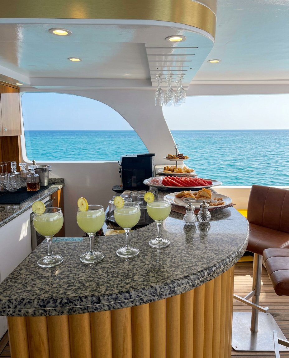 Welcome drinks served on deck with a sea view
