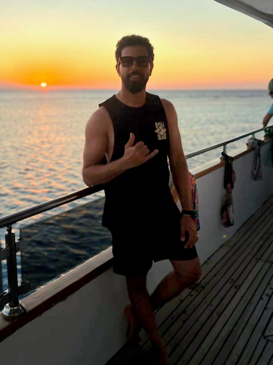 Hamada on the yacht deck at sunset on the Red Sea