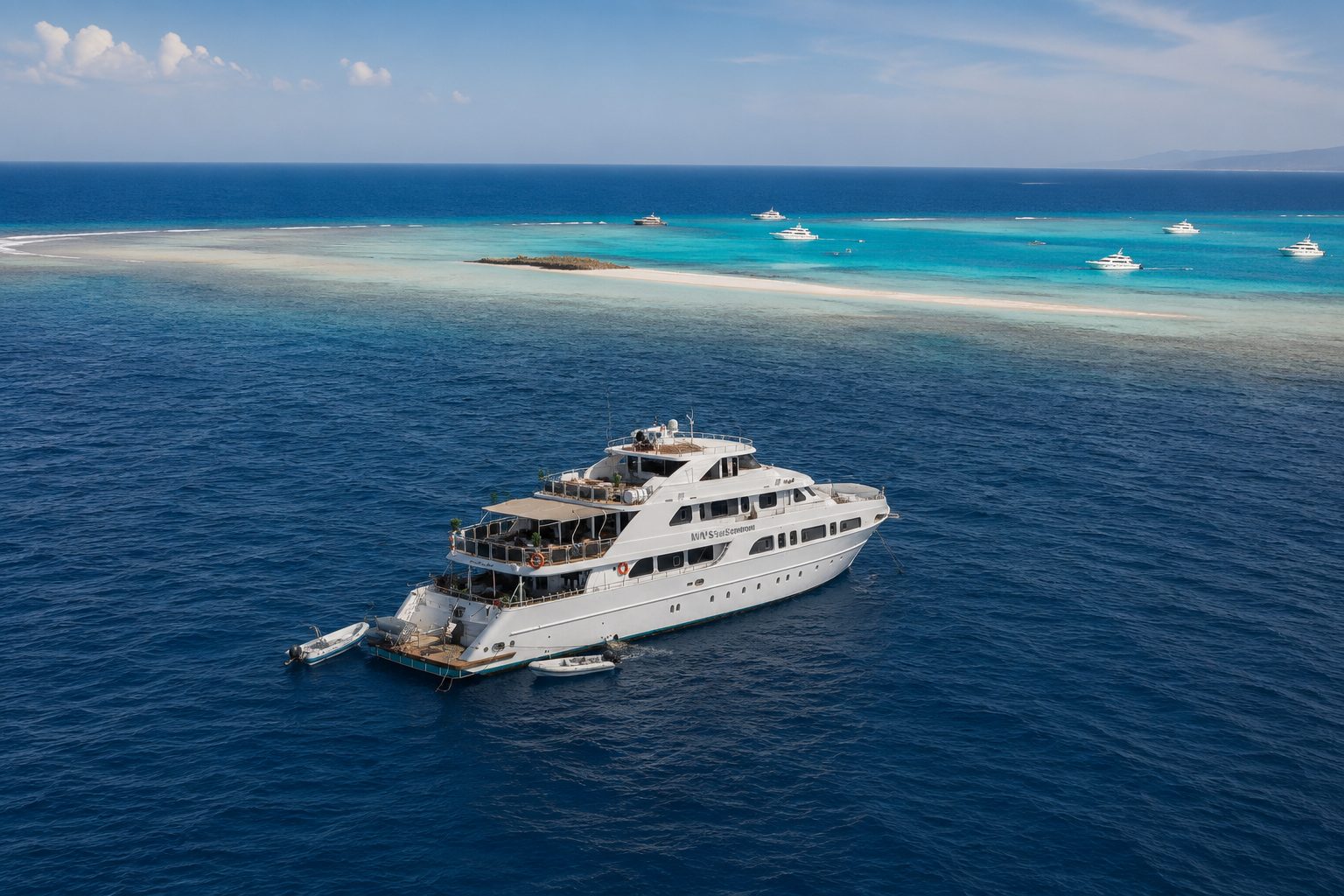 Aerial view of the yacht anchored beside Sataya Reef and its sandbar