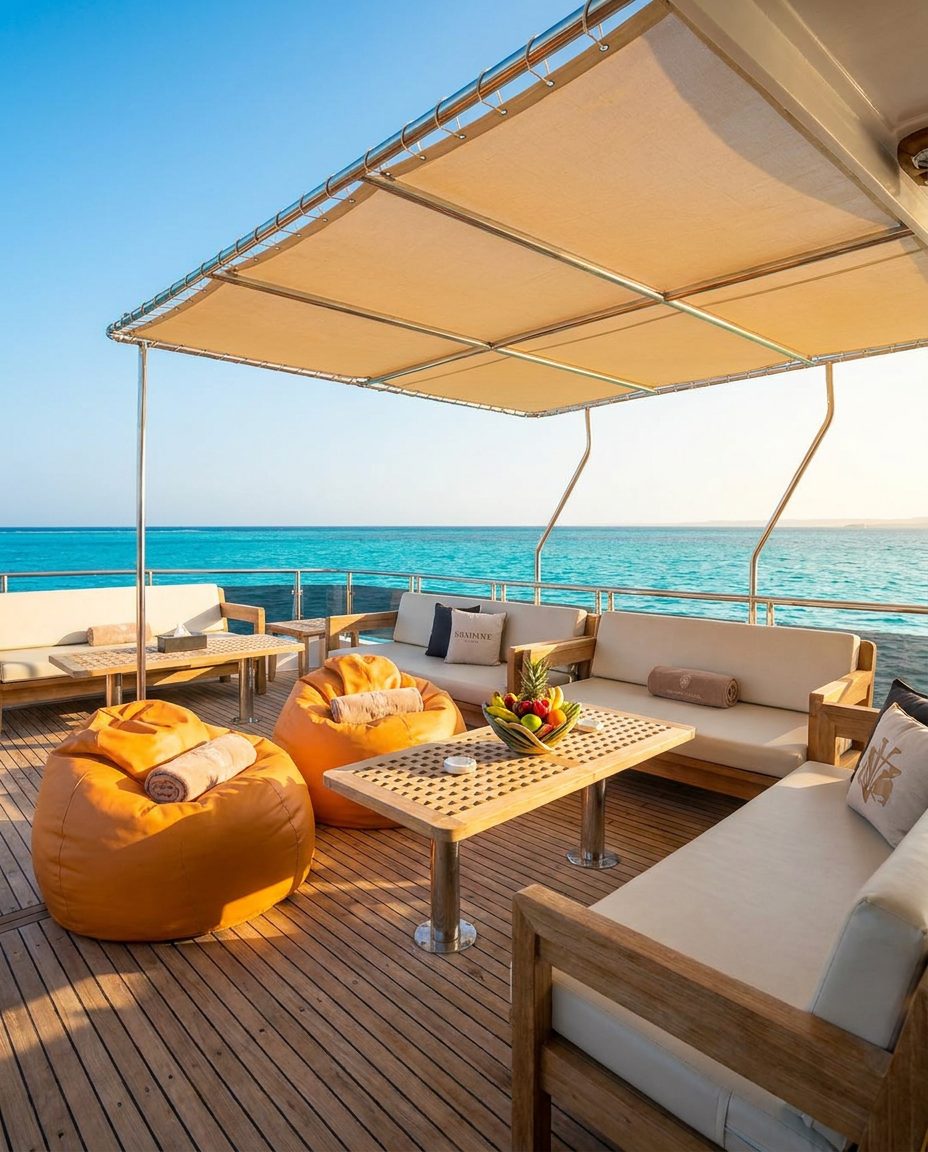 Shaded upper-deck lounge with bean bags and sofas overlooking turquoise water